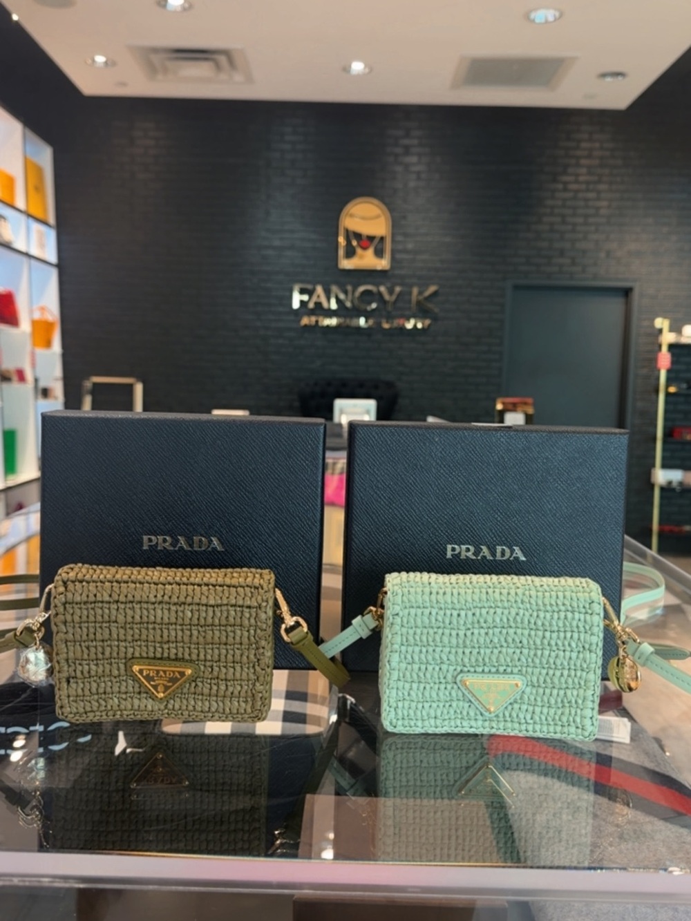 Prada Mini Woven Crossbody Wallet — Olive & Mint